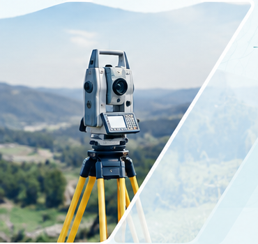 A total station on a tripod, set up above a valley