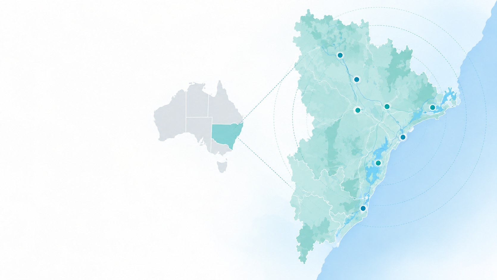 Map of Australia with New South Wales highlighted, opening onto the Hunter and Central Coast and the eight areas Metiri services